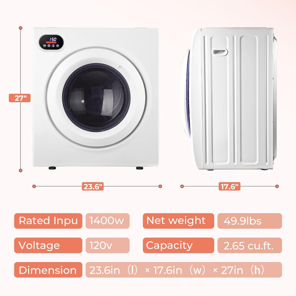 2.65 Cu.Ft Portable Dryer with Exhaust Hose, Clothes Dryer with Four Functions, 1400w Dryer Machine with Stainless