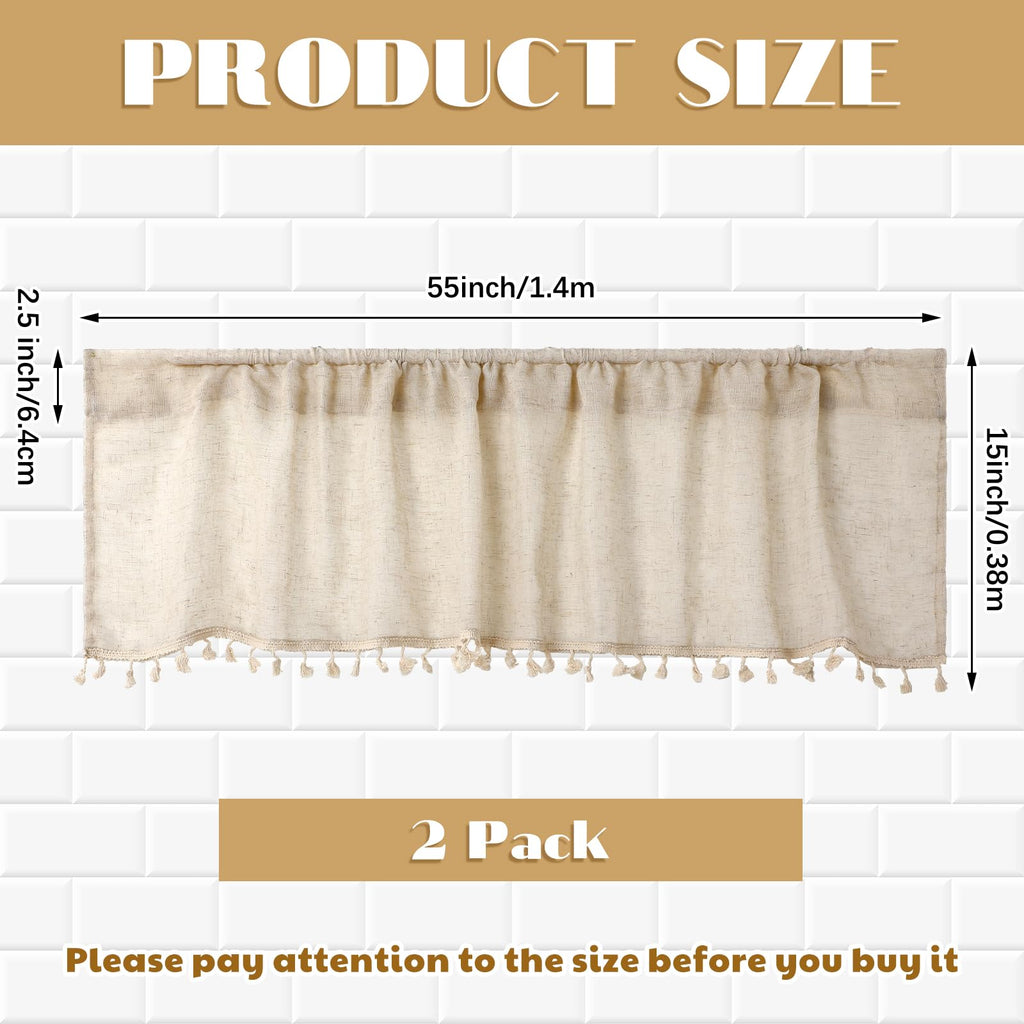 2 Pcs Boho Valances for Windows Linen Tassel Window Treatment