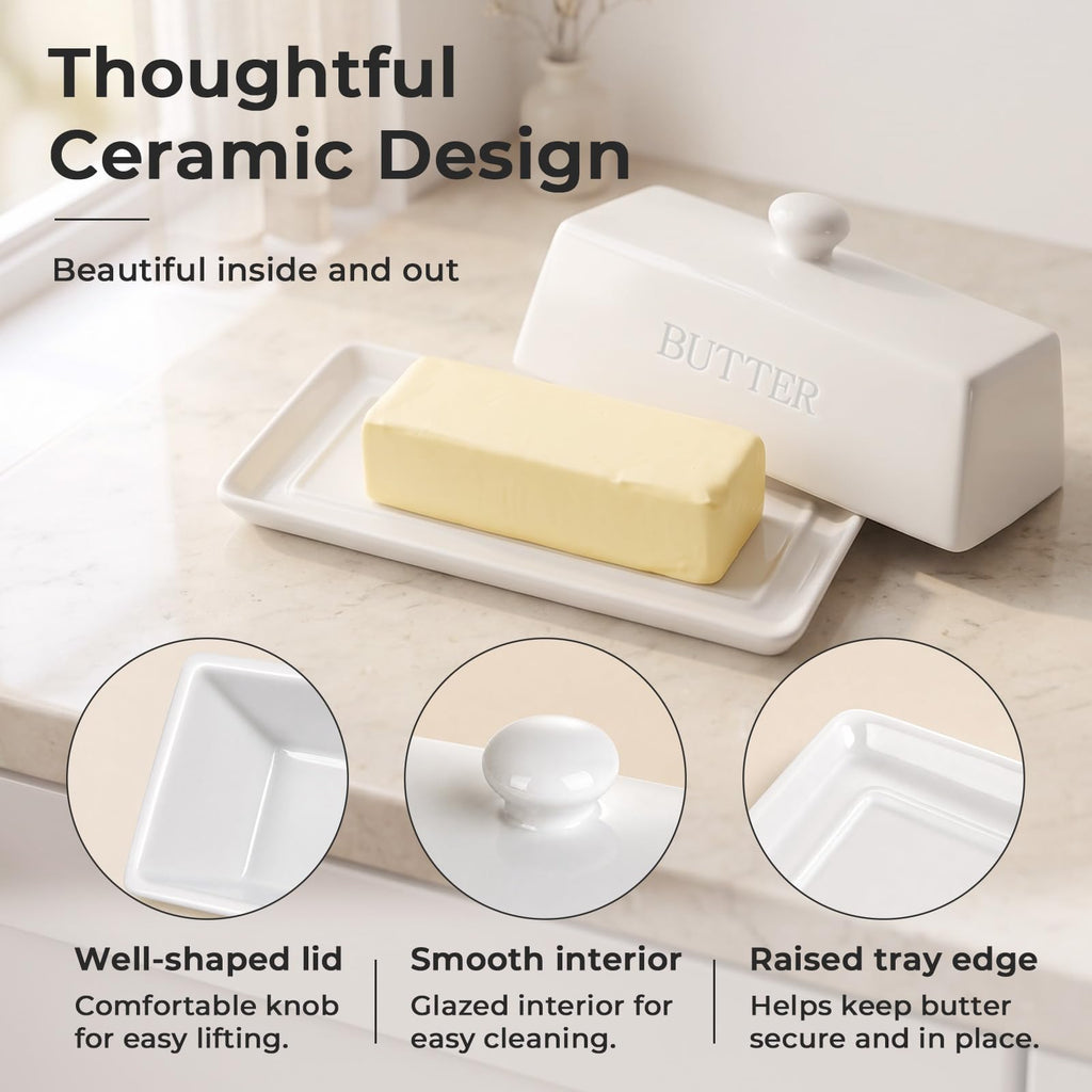 Butter Dish With Lid for Countertop,Butter Tray,Ceramic-White