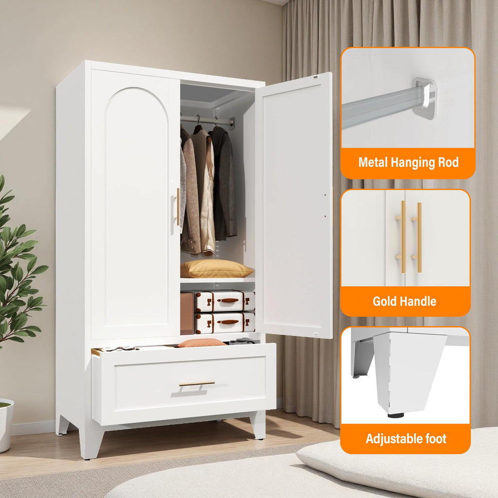 60.16'' Metal Armoire Wardrobe Closet with 1 Drawer, Freestanding Clothing Storage Cabinet with Doors and Adjustable