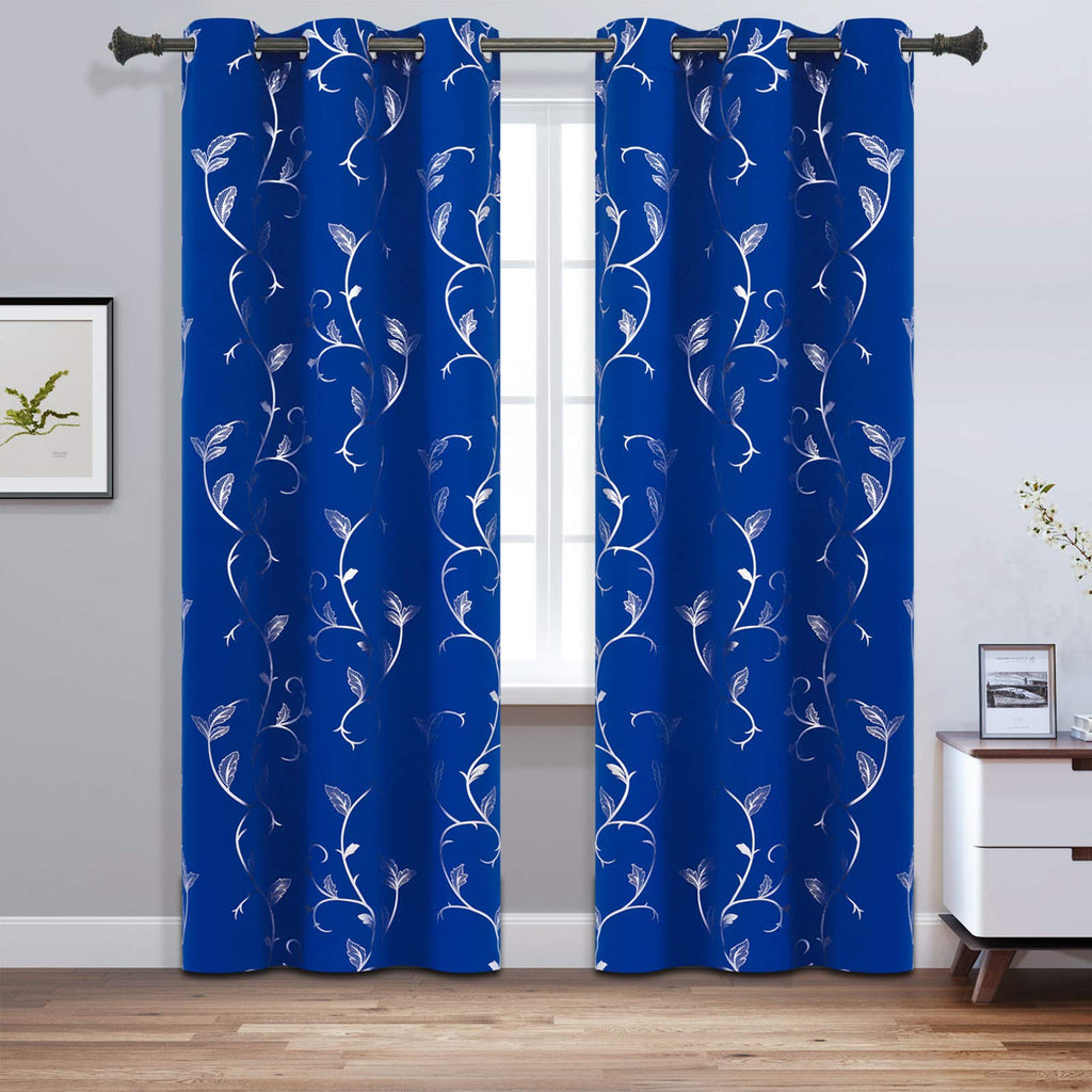 Living Room Blue Blackout Window Curtains Silver Beautiful Flower Print Room Darkening Curtains 38W×84L Royal Blue