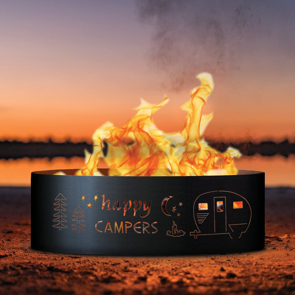 Happy Camper Unpainted 12 in. Tall 30 in. Diameter Outdoor Fire Ring with Fire Poker - 30 x 30 x 12 in.