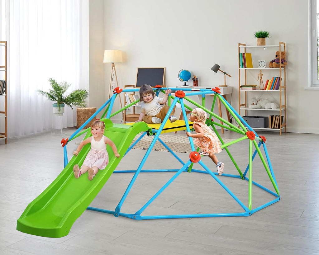 Climbing Dome with Slide Max Load 440Lbs, 8FT Jungle Gym Monkey Bar for Backyard, 2 in 1 Outdoor Climbing Frame Toys