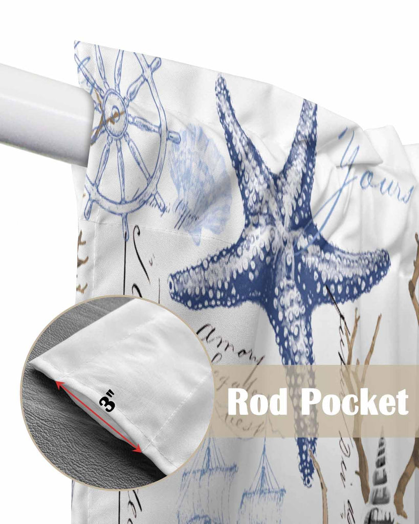 Coastal Nautical Swag Curtains Valance Windows, Ocean Blue Starfish Coral Shell Vintage Rod Pocket Curtain