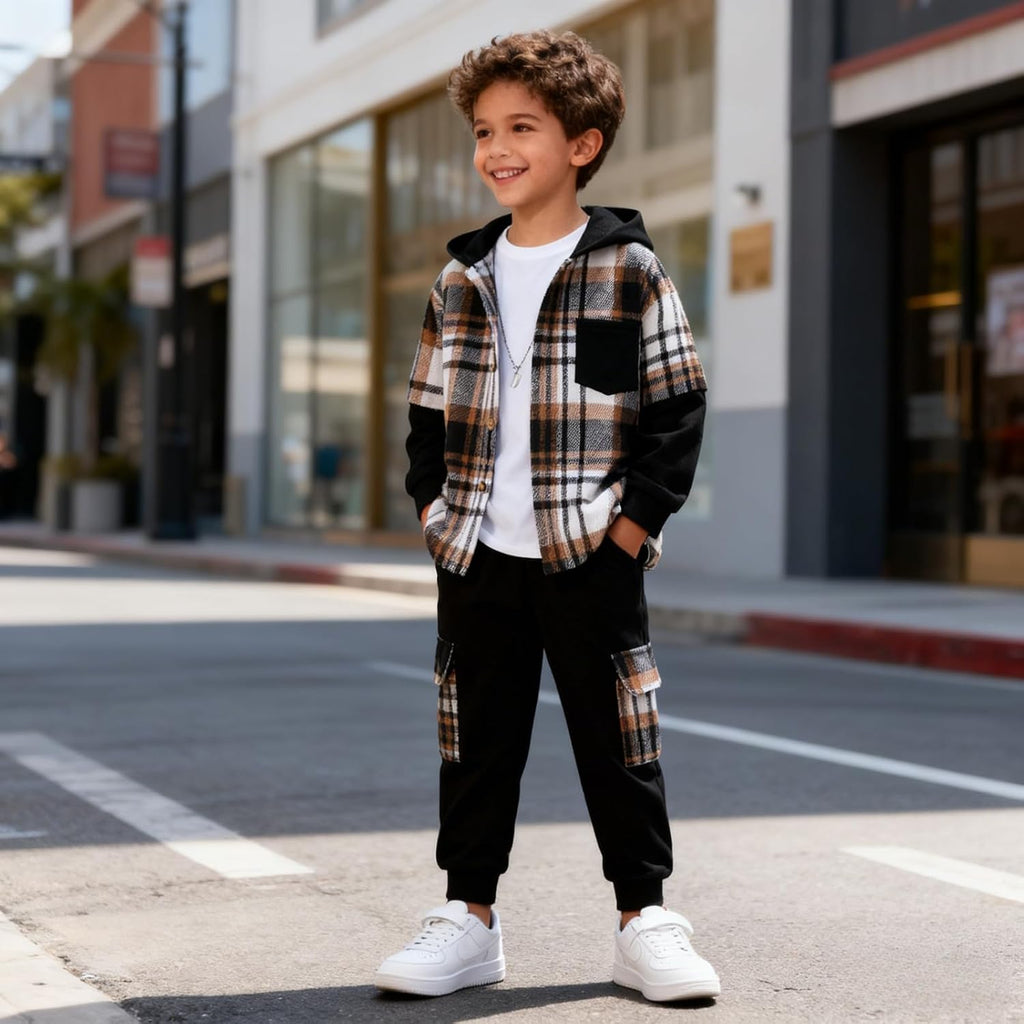 Boys Clothes Flannel Plaid Shirt Hooded Sweatshirt & Pants 3PCS Kids Boys Fall Winter Outfits Sets