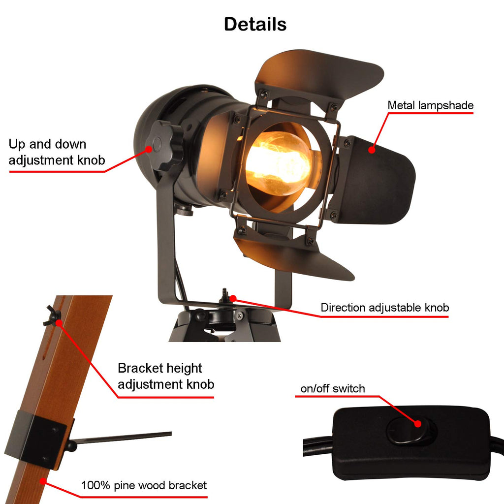 Vintage Adjustable Wood Tripod Floor Lamp, Camera Small