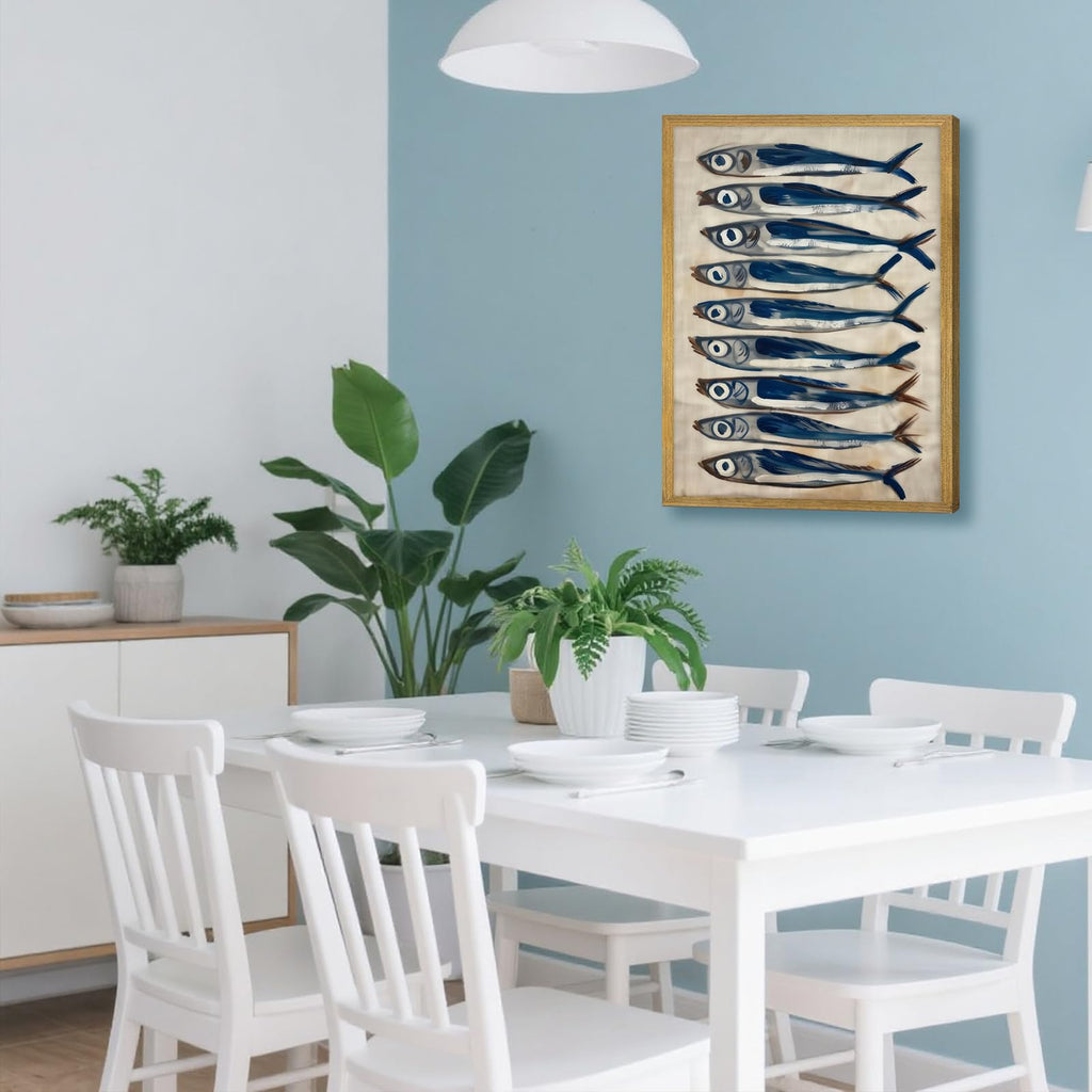 Coastal Sardine Wall Art Framed Nautical Fish Poster Rustic Beach House Wall Decor Kitchen Dining Room Sea Life