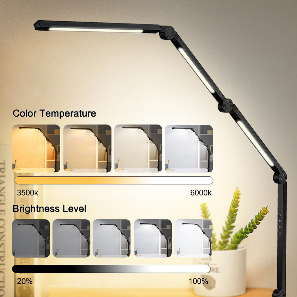 LED Desk Lamp with Clamp & Flexible Arm - 3 Light Sources, 4 Color Modes & 5 Brightness Levels, Eye-Caring Table