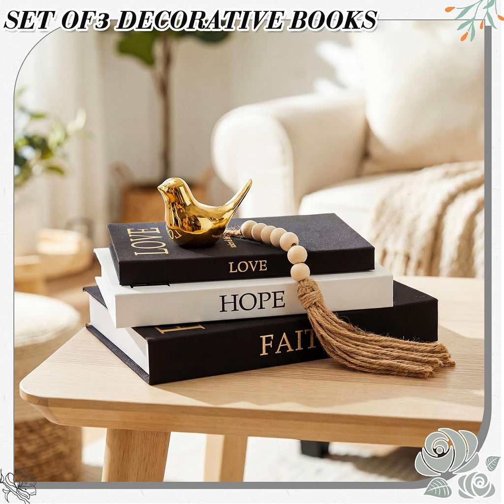 Linen Decorative Books Set Includes Gold Bird and Wooden Beaded Tassel Elegant Aesthetic Fake Books - Set of 3