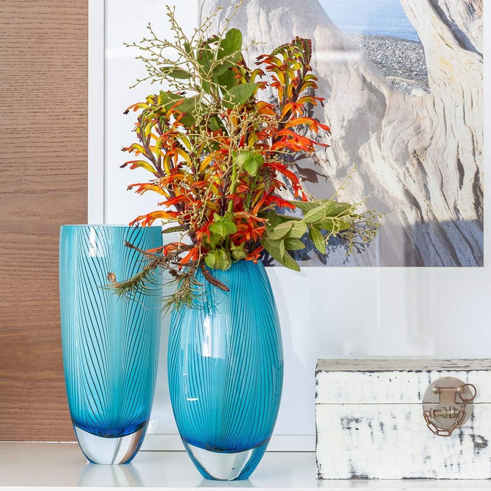 Murano Style Glass Vase Hand Blown Blue Feather Pattern Effect Home Decor | Hand Blown Glass Vase, Decorative Table