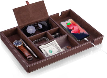 Mens Nightstand Organizer, Leather Valet Tray for Men, EDC Catchall Tray with Phone Charging Station, Dresser Top