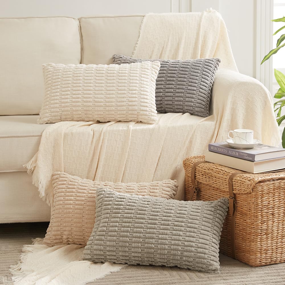 4 Packs Neutral Long Lumbar Decorative Throw Pillow Covers 12x24 Inch Couch Bed, Boho Home Decor, Soft Striped