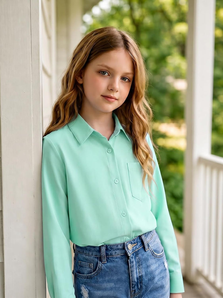 Girls School Uniform Button Down Shirts with Chest Pocket
