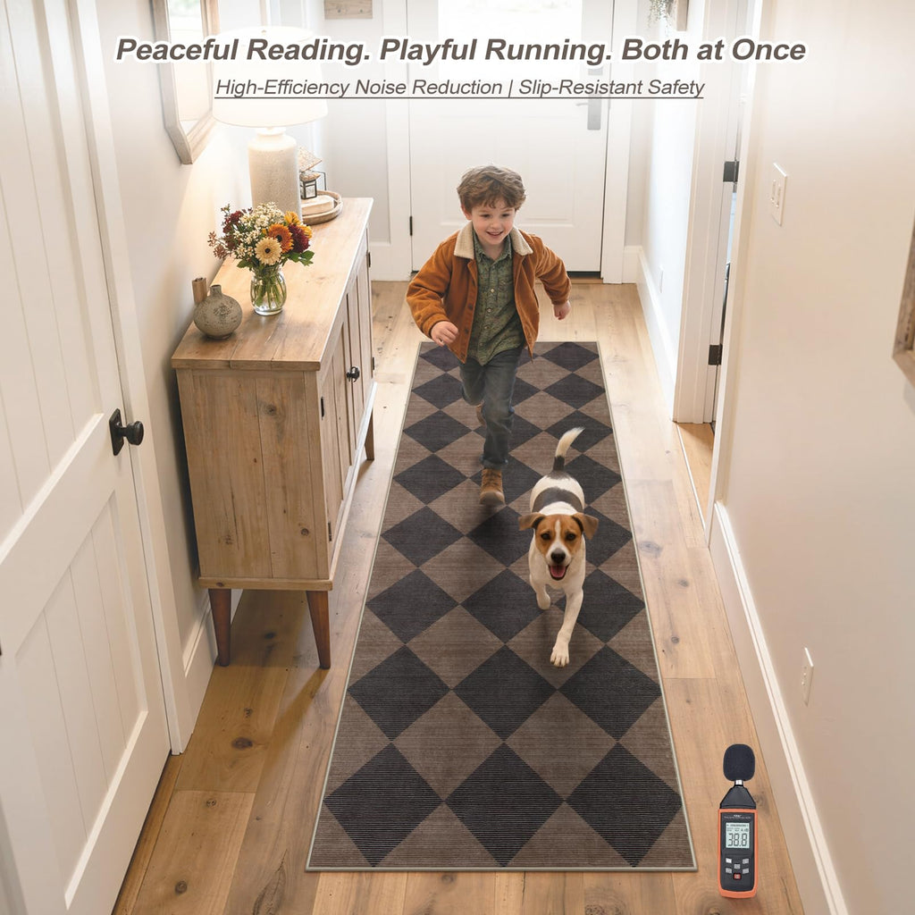 Checkered Print Hallway Runner Rug, Moroccan Kitchen Runner Rugs Non Skid Washable 6ft Ultra Thin Stain Resistant