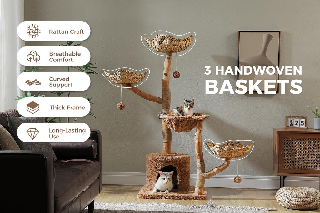 59" Modern Cat Tree for Large Cats, 3 Wicker Baskets & Condo, Brown