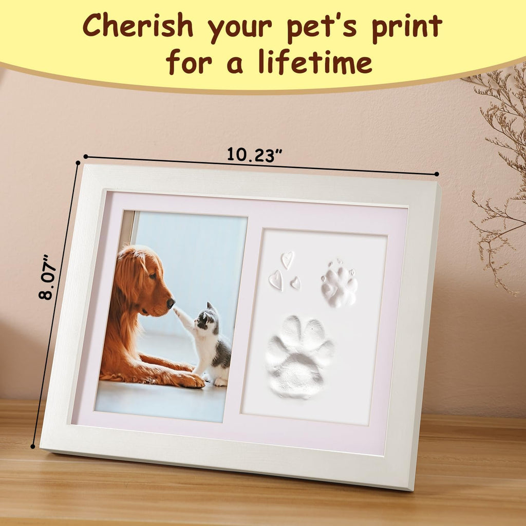 Pet Memorial Frame for Dogs and Cats, Pet Paw Print Photo Frame with Clay Imprint Kit, Pawprint Making Kit and Photo