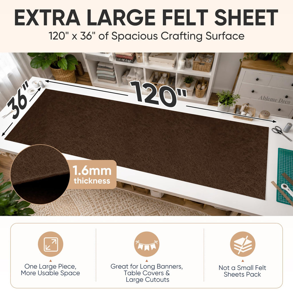 Brown Felt Fabric Sheet 120" x 36", Large Soft Acrylic Material for Crafts