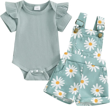 Newborn Baby Girl Clothes Summer Outfit Short Sleeve Ribbed Romper Floral Suspender Overalls Shorts Set