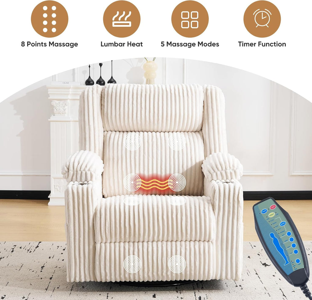 Oversized Power Recliner Chair with Massage and Heat, Swivel Rocker Recliner Chair for Adults with Arm Storage