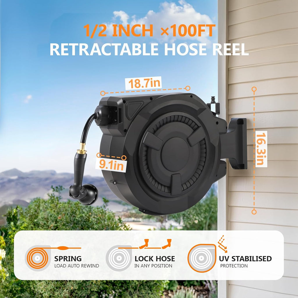 Retractable Garden Hose Reel 1/2 in x 100 ft, Heavy Duty Wall Mounted Hose Reel with 10- Function Sprayer Nozzle