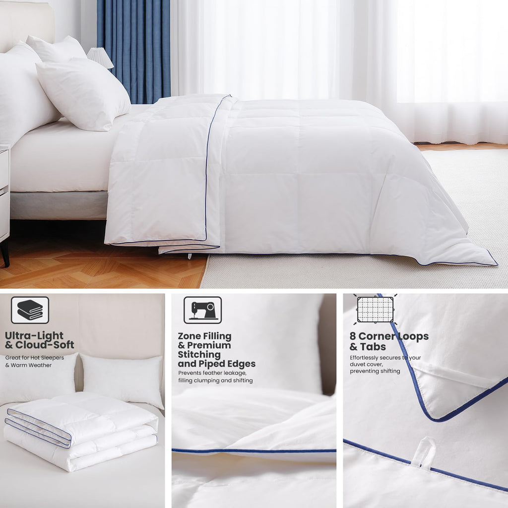 Lightweight Goose Down Fiber Comforter Queen Size, Breathable Summer Duvet Insert, Fluffy Down Blanket for Hot