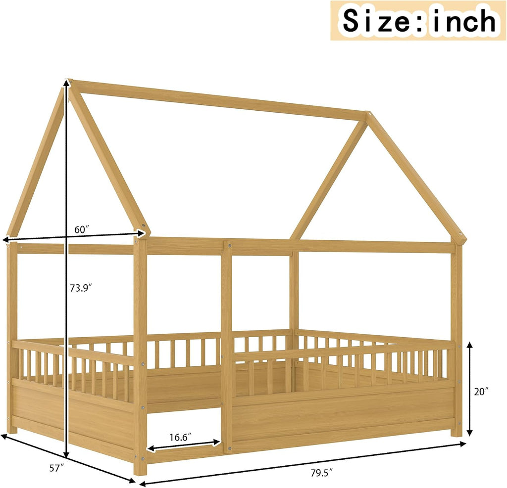 House Bed Frame with High Fence, Natural