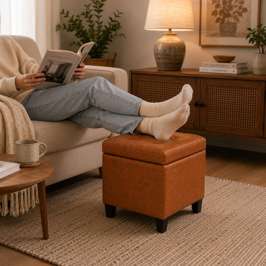 Leather Ottoman with Storage 18" Square Storage Ottoman