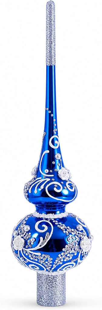 Silver Swirls on Blue Glass Christmas Tree Topper 11 Inches