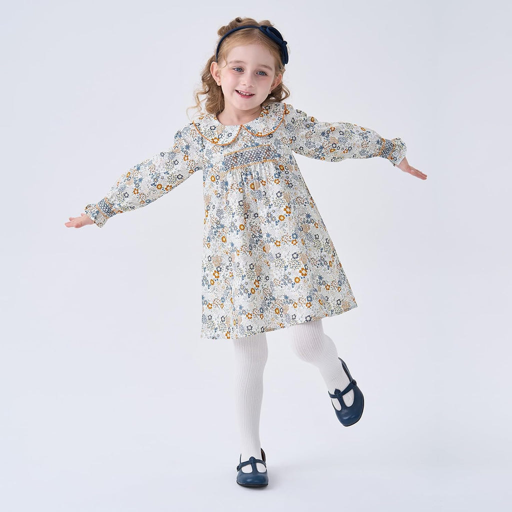 Toddler Baby Girls Smocked Dress Long Sleeve Woven Playwear Dresses