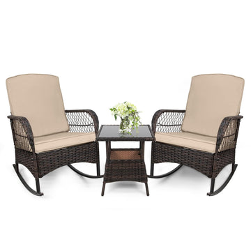 3 pcs Rocking Bistro Set Conversation Chairs PE Wicker Outdoor Rocking Chairs & Glass Table, for Porch Lawn Garden