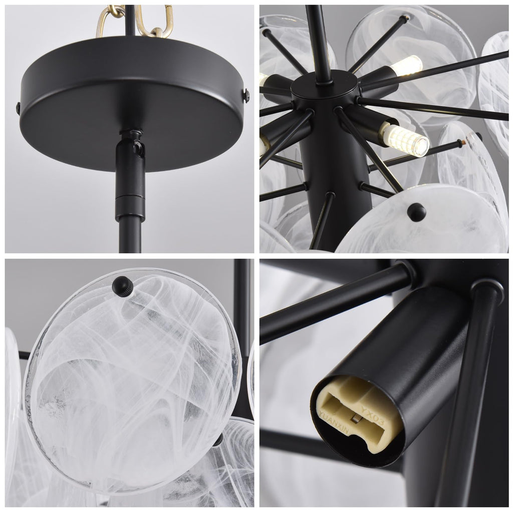 Black Glass Pendant Light, 13.78" Modern Crystal Chandelier Kitchen Island, 4-Light Round Adjustable Height Ceiling