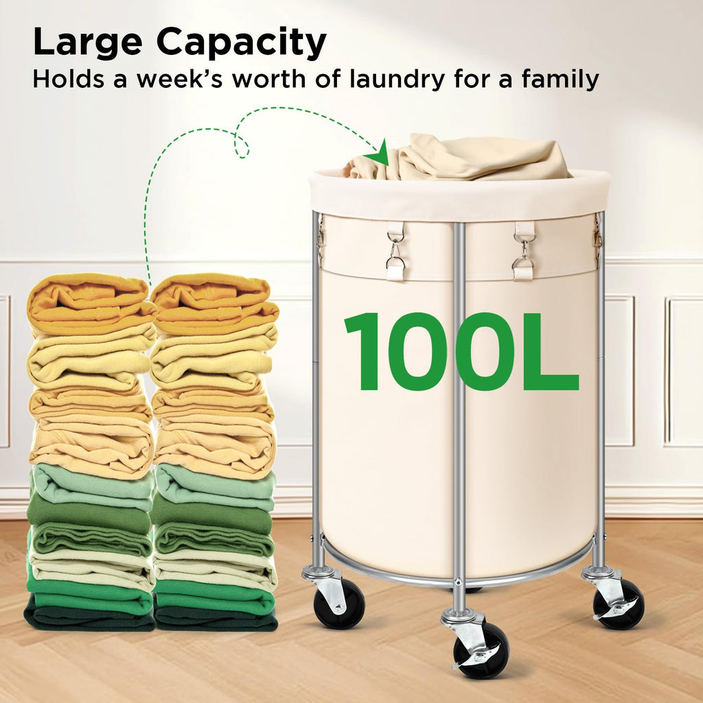 100L Round Rolling Laundry Hamper Basket with Wheels, Beige
