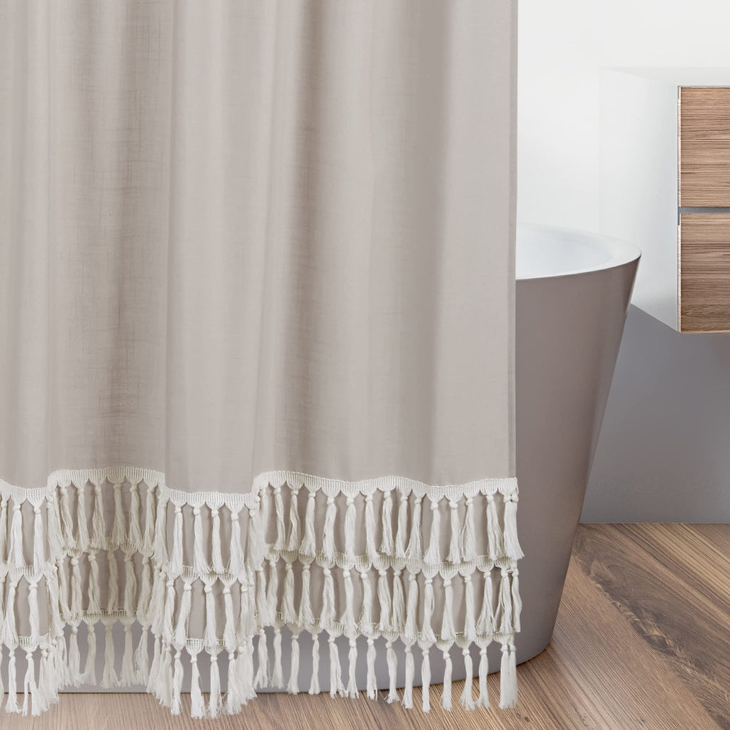 Boho Bohemian Bathroom Fabric Bath Shower Curtain - Solid Taupe Beige Ivory Cream Off White Linen Farmhouse Shabby