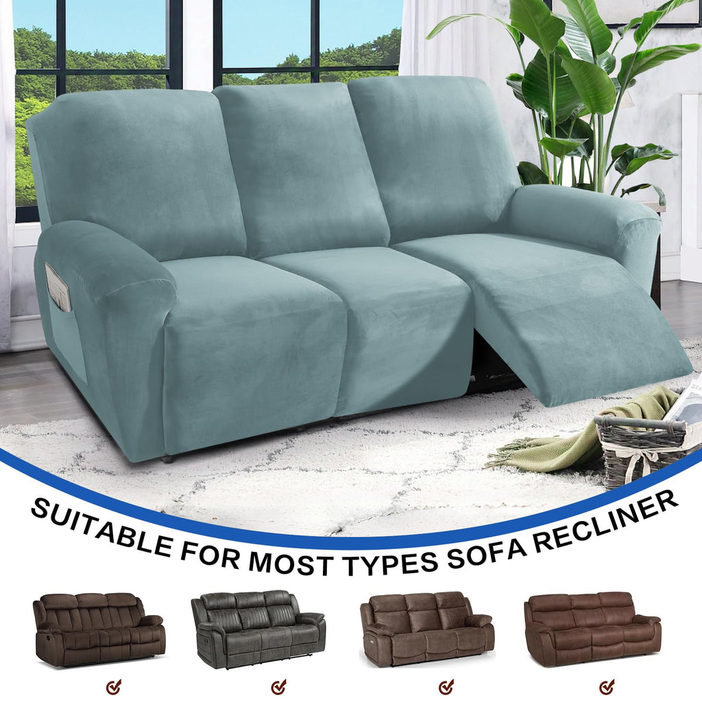 8 Pieces Recliner Sofa Covers, Stretch Velvet Reclining Couch Covers for 3 Cushion Furniture Covers, Thick, Soft