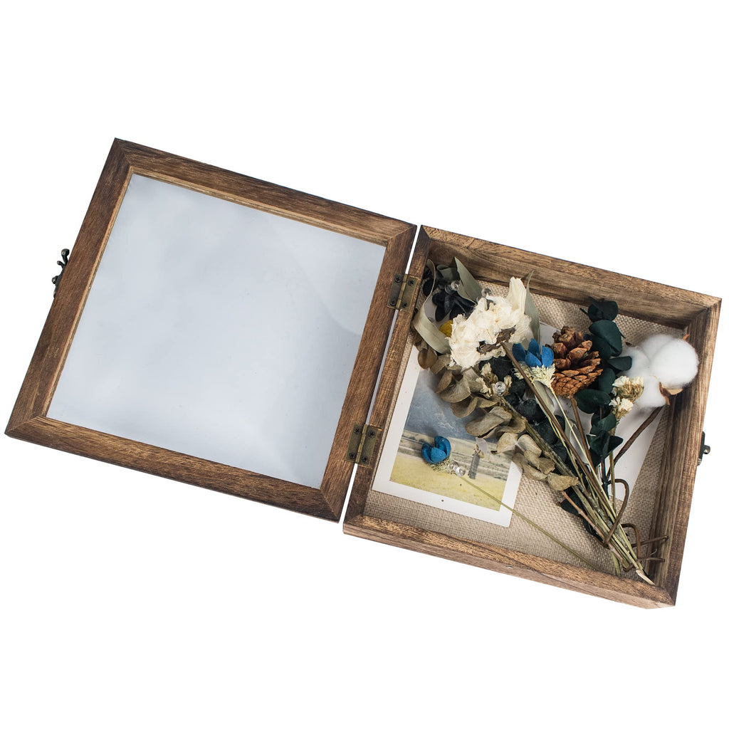 Shadow Box Frame 8x8 Display Case with Linen Back, Real Glass Window Door with Hinge, Picture Frame Wedding Bouquet