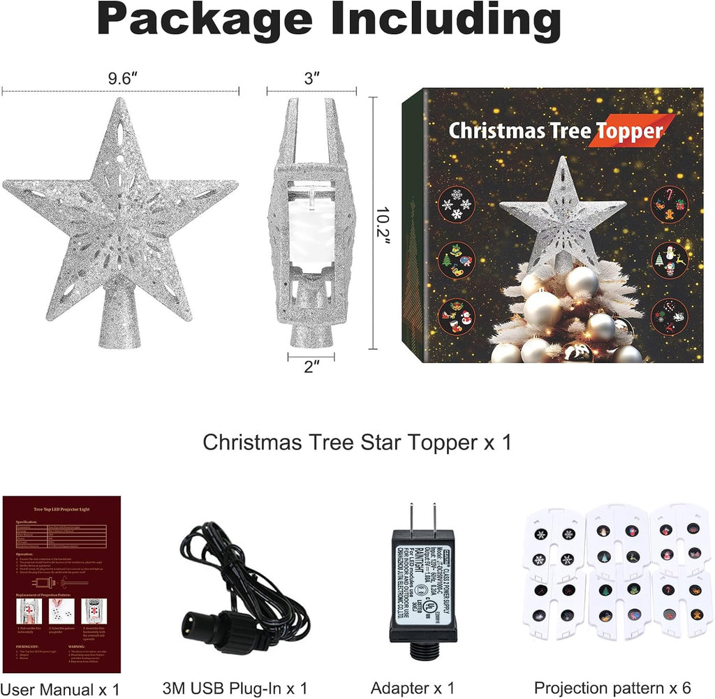 Star Tree Toppers with LED Rotating Lights, Silver