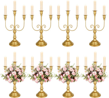 8 Pcs Gold Candelabra 12 Inch 3 Arm Metal Candle Stand Wedding Candlestick Holder for Table Centerpieces Wedding