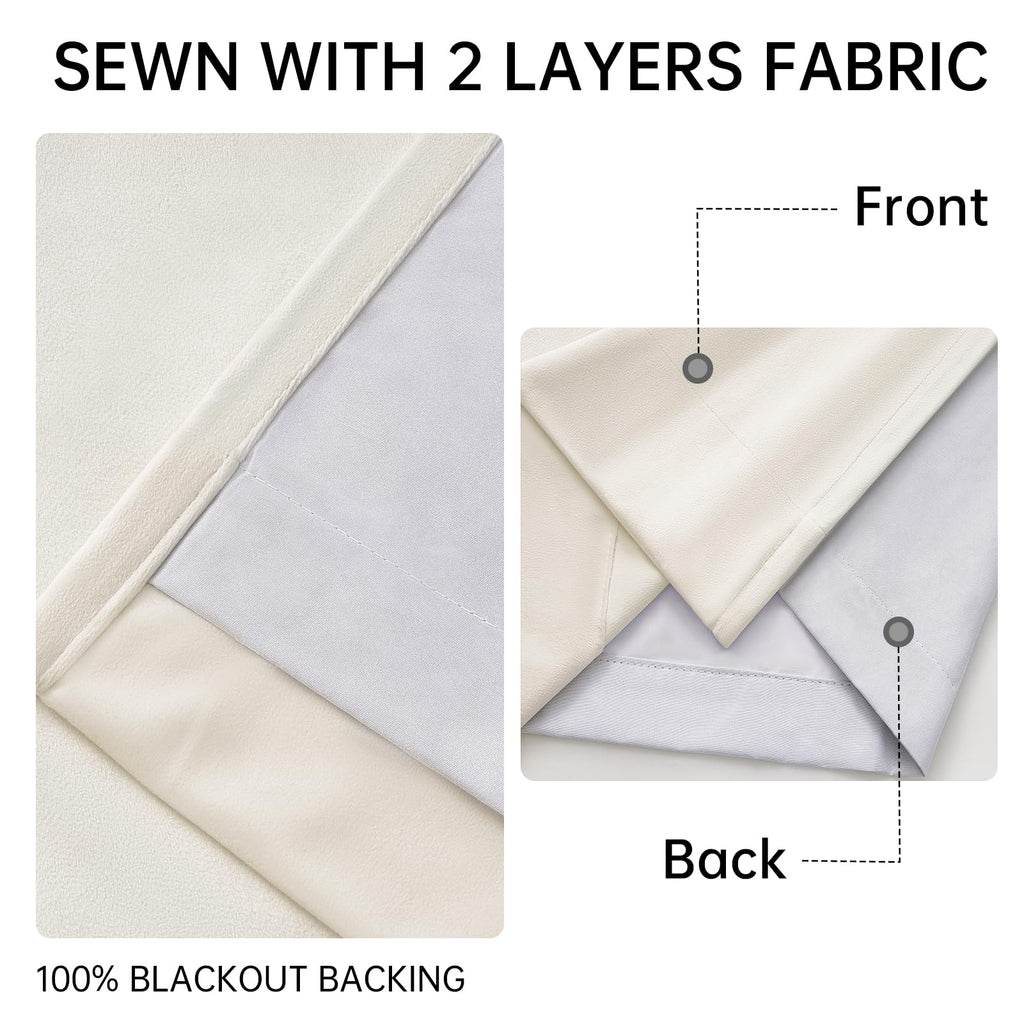 Ivory 100% Blackout Velvet Curtains 108 Inches Long 2 Panels with Hooks Luxury Velvet Black Out Thermal Insulated