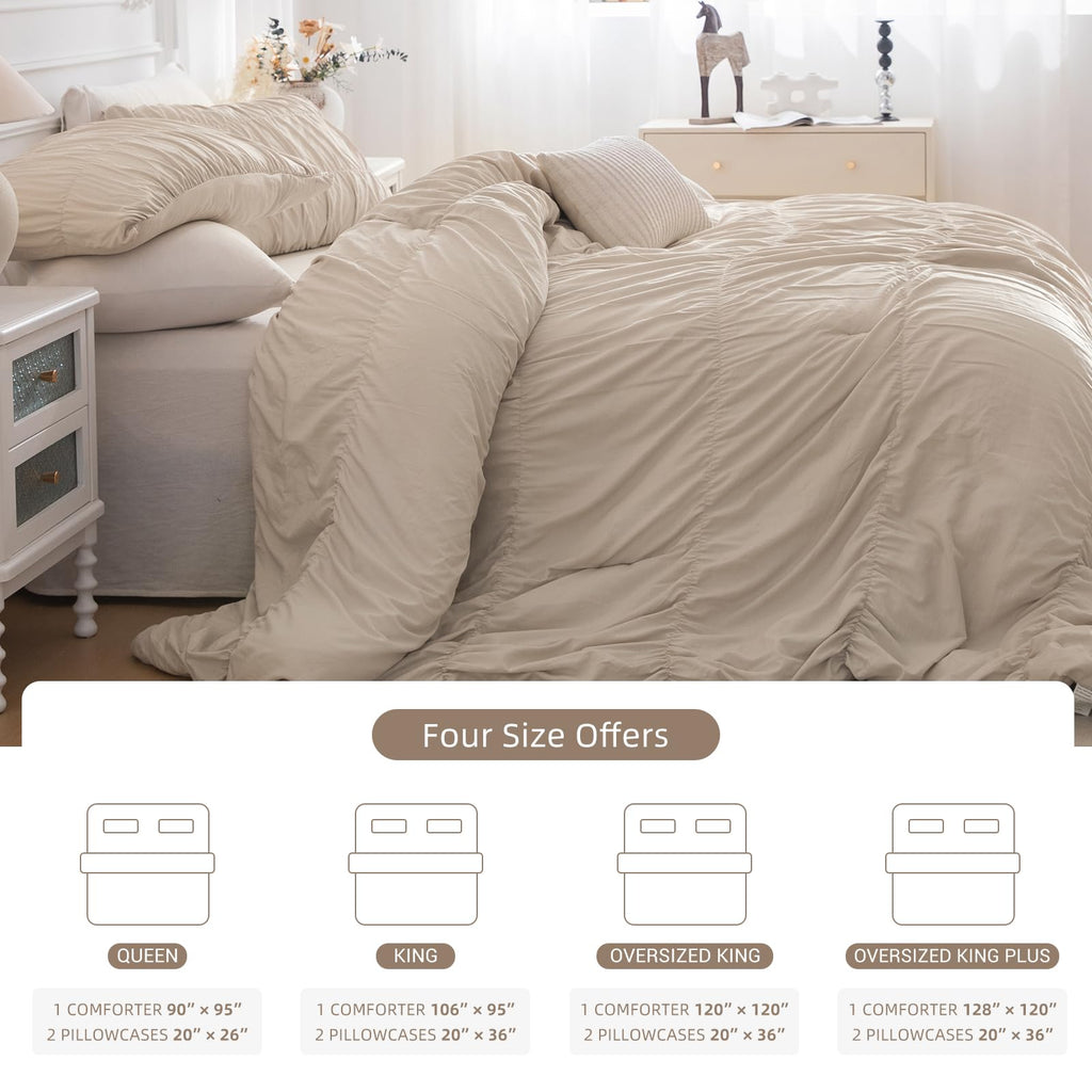 Oversized King Bed Comforter Set- Wheat Ruched Boho 120 x 120 Comforter Set, 3 Piece Fluffy Bedroom Set with Pillow