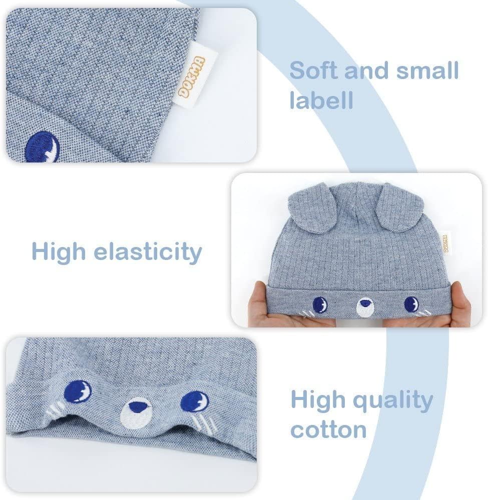 Organic Cotton Toddler Hat Set 3 Cute Animal Ears Design, Beanies for Baby Boys and Girls 0-6 Months Light Gray & Blue
