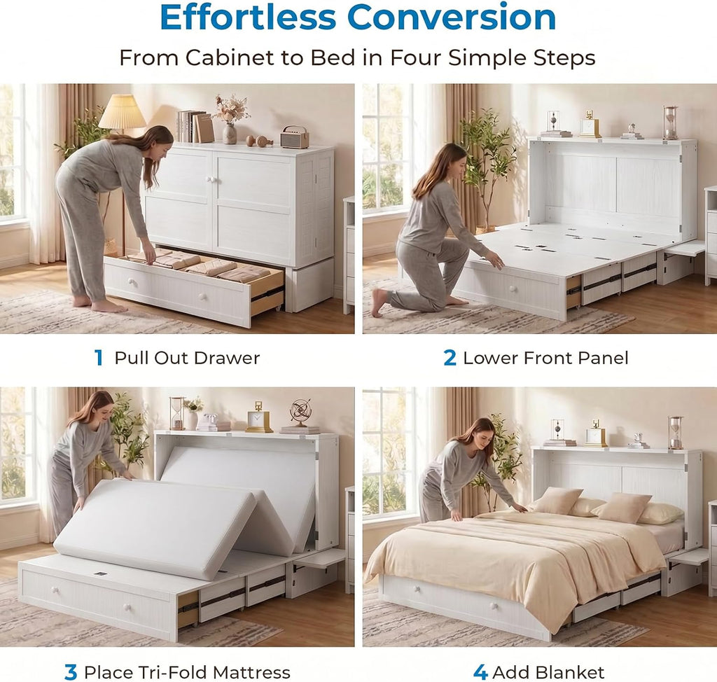 Murphy Bed Queen Cabinet Bed with Tri-fold Mattress and Built-in USB Charging, 2 Drawers, Bedside Panel, Hidden Guest