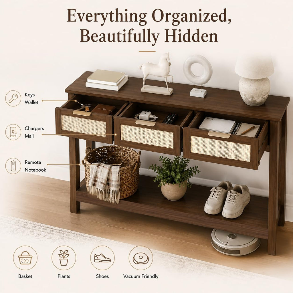 Console Table with 3 Rattan Drawers Storage Open Shelf