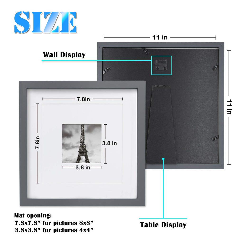 11x11 Picture Frame Display Pictures 4x4 or 8x8 with Mat or 11x11 Without Mat Made of Solid Wood with Plexiglass for