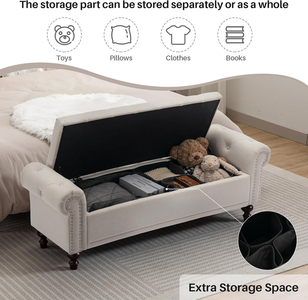 58.1" Storage Bench , Linen Upholstered, Beige | End of Bedroom Bed Bench Ottoman with Tufted Cushioned Rolled Arm