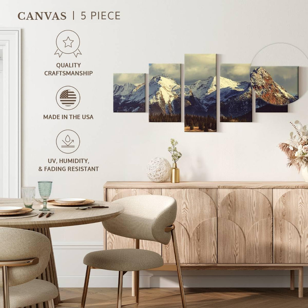 Rocky Mountains Wall Art Multi Piece Canvas - 5 Panel Nature Wall Decor - Snowy Scenery of the Pine Forest and