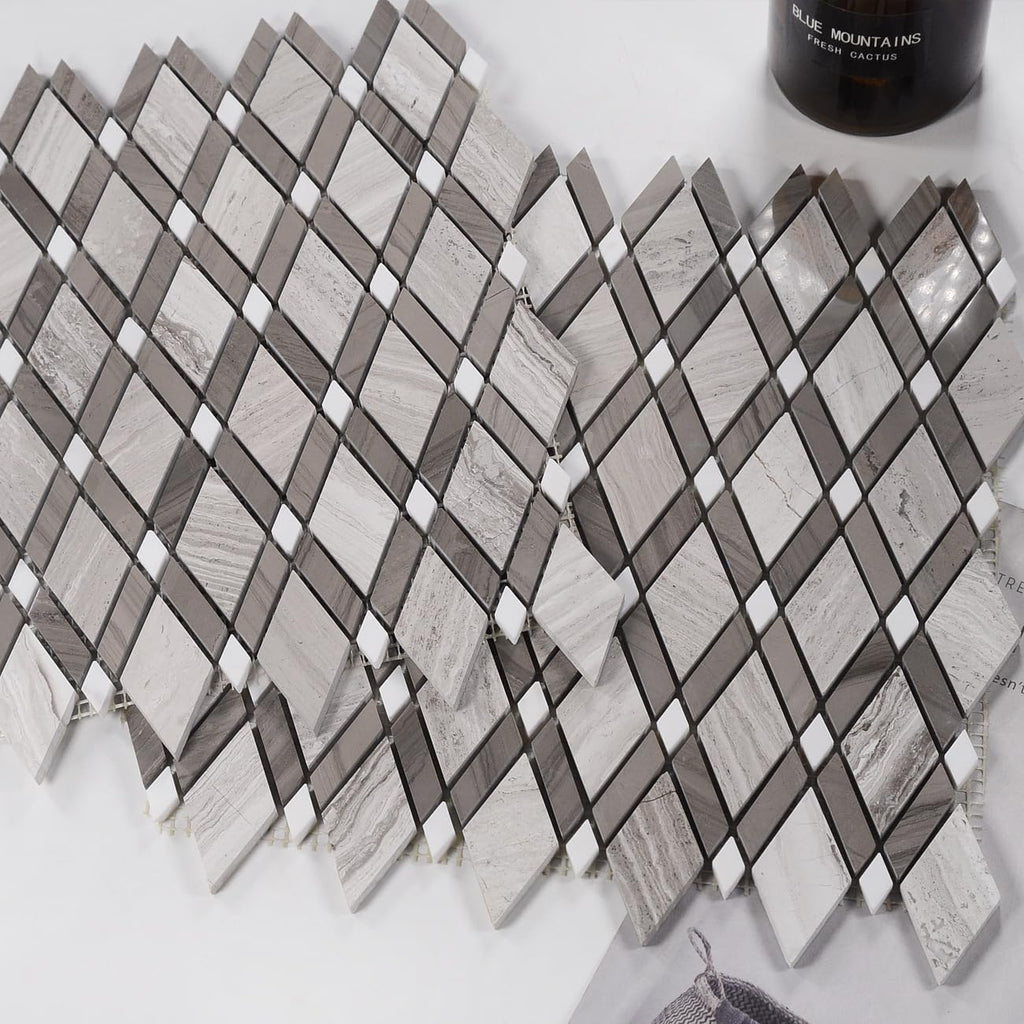 Gray Stone Diamond Mosaic Tiles, 5-Sheet Pack (5 Sq.Ft), Natural Textured Finish (Non-Polished), Geometric Rhombus