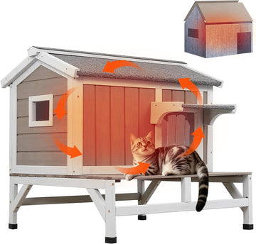 Insulated Outdoor Cat House with Balcony, Raised Feral Shelter