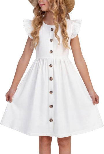 Girls Dress Flutter Sleeve Button Summer Sundress with Pockets