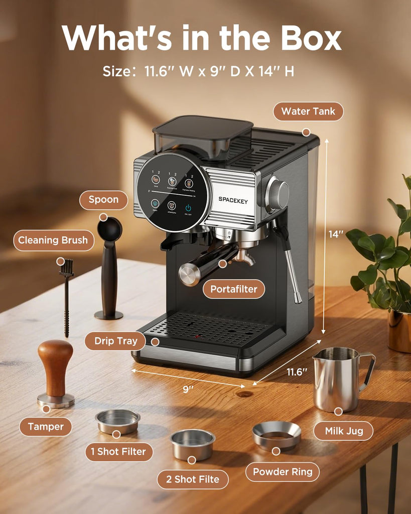 Espresso Machine with Grinder and Frother, 30 Grind Settings, 20 Bar