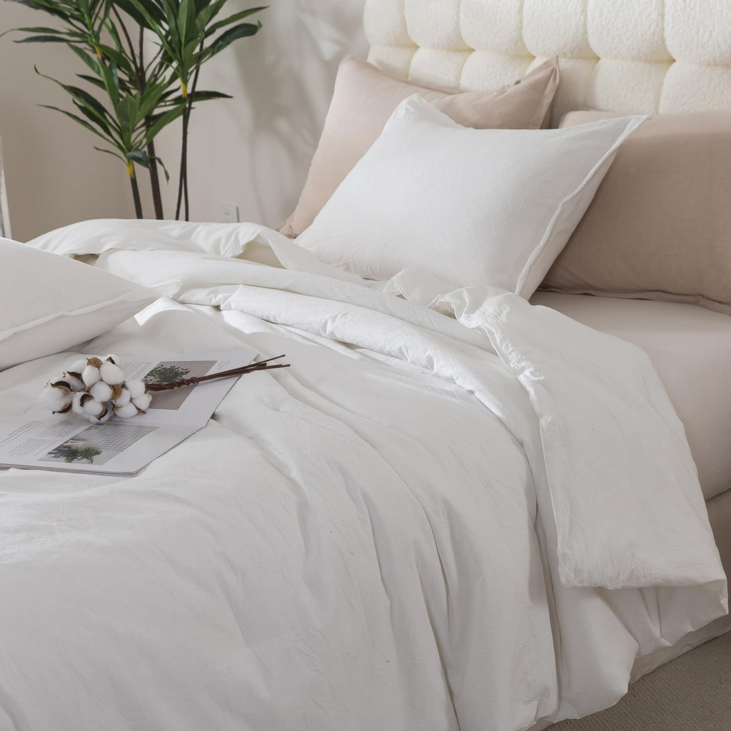 White Comforter Set Full Size, Cotton Fabric with Microfiber Inner Filling 3 Pieces Linen Like Bedding Set, Soft Boho